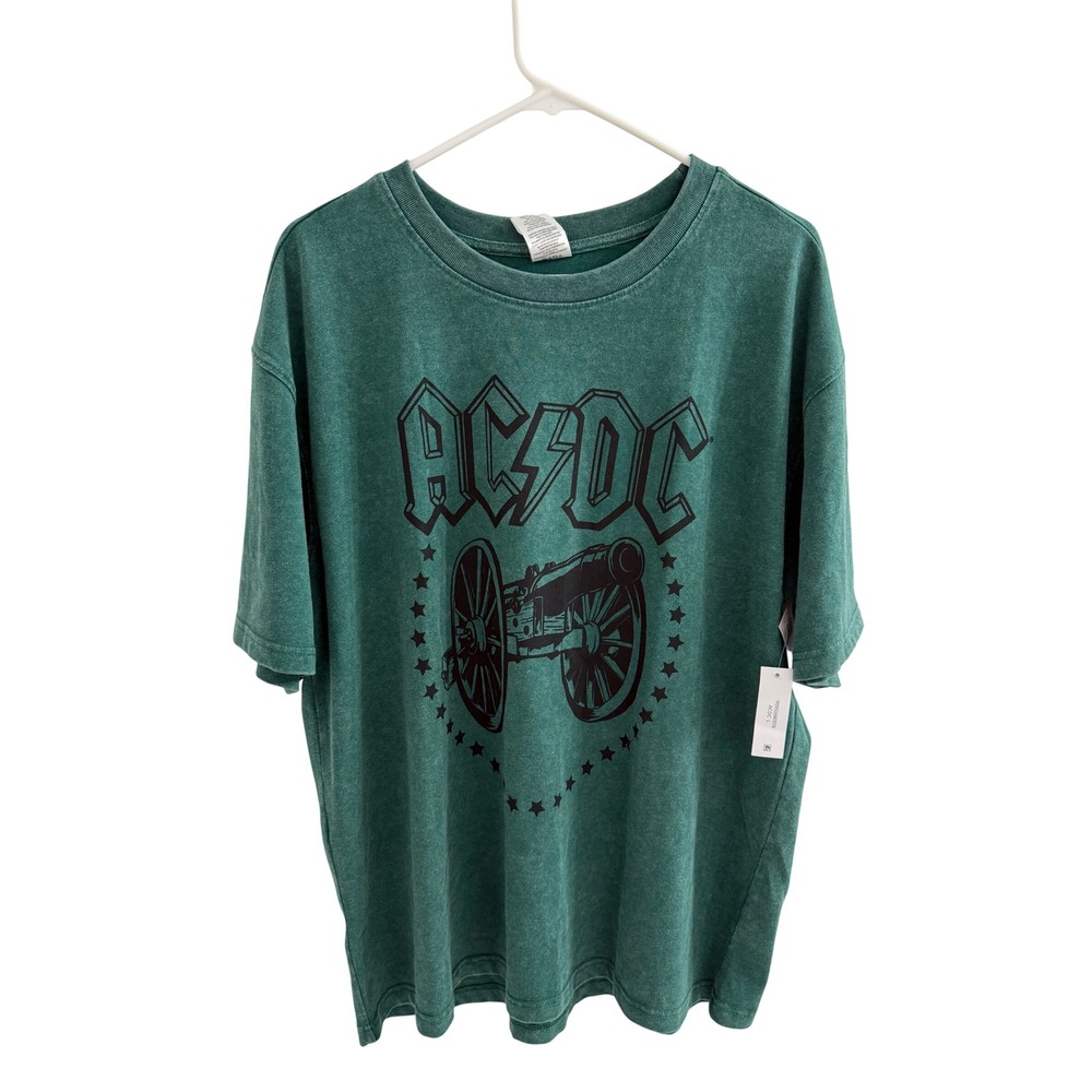 AC/DC Mens Graphic T-Shirt Green Mineral Wash Cannon Logo Tee Large A2SN513